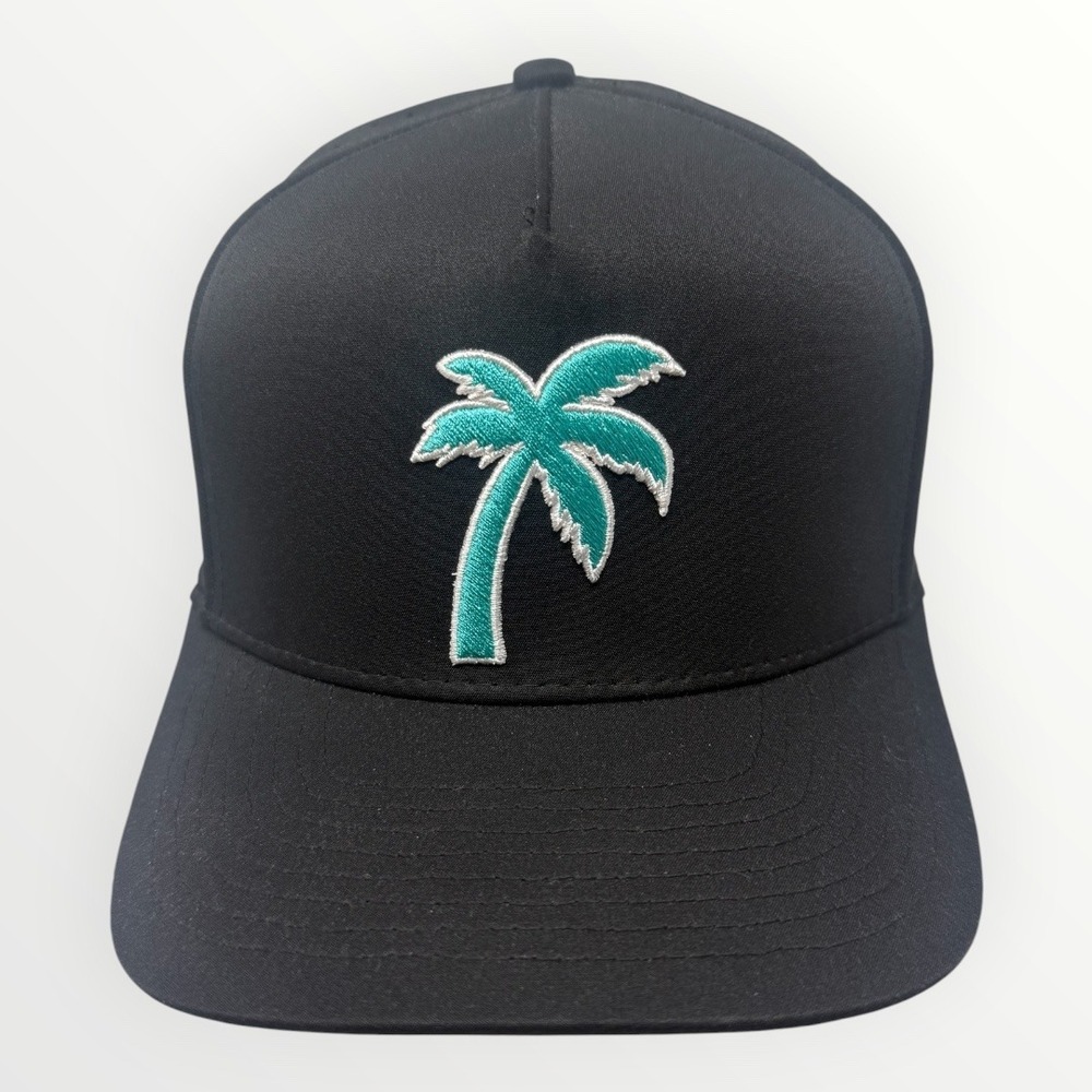 Waggle Golf Palm Tree Performance Snapback Hat Black Teal Perforated Hat
